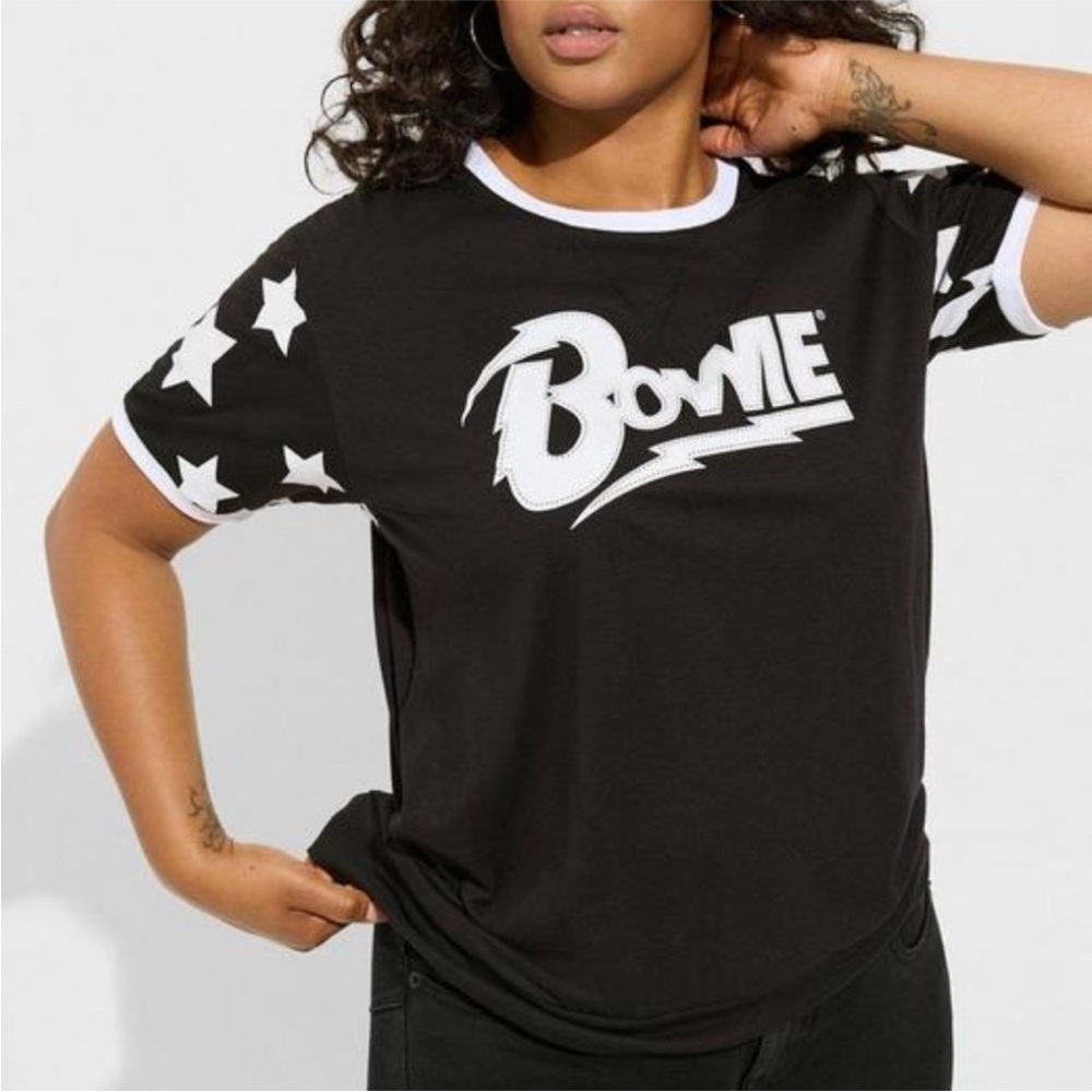 Torrid Vinyl Icons David Bowie Back and white Drop Shoulder Varsity Tee
